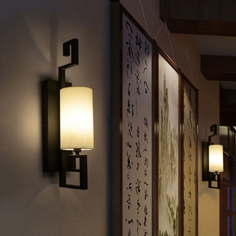 1 Light Sconce Light Fixture Classic Cylinder Metal Wall Mount Lighting in Black/Gold with Fabric Shade