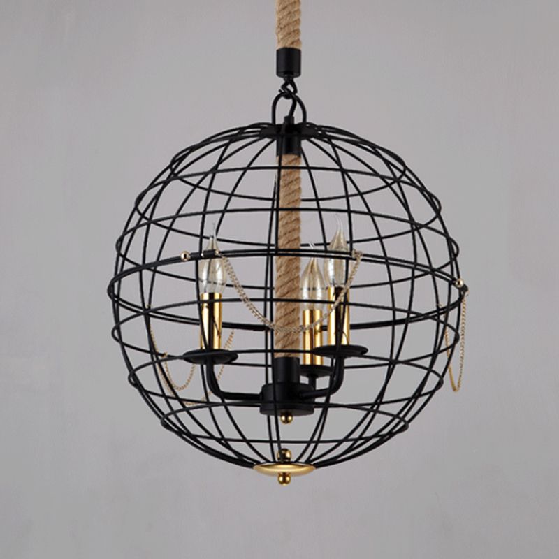 Candle salon pendentif lustre traditionnel métal 3/4 lumières noire suspendus avec cage globe