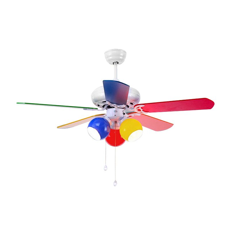 Multicolored Glass Dome Shade Hanging Fan Lamp Macaron 3-Light Red-Yellow-Blue Semi Flush Light