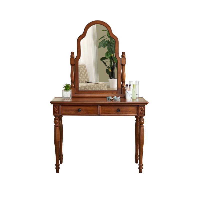 Traditional 2 Drawers Wood Mirrored Makeup Table Desk Vanity in Brown