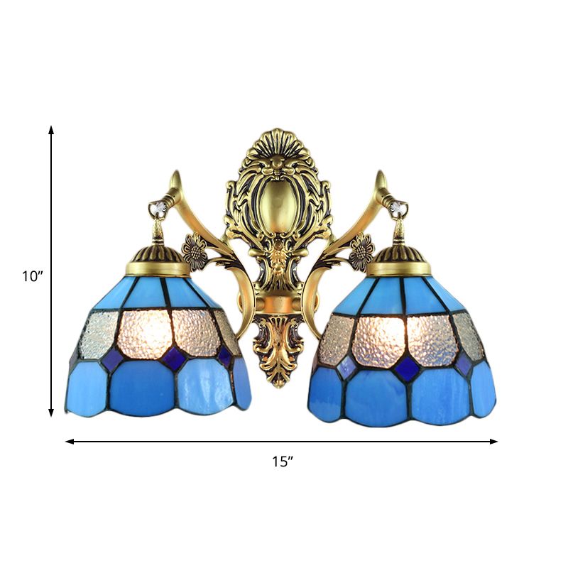 Vintage Domed Wall Lighting Stained Glass 2 Heads Wall Mount Fixture in Blue for Stairway