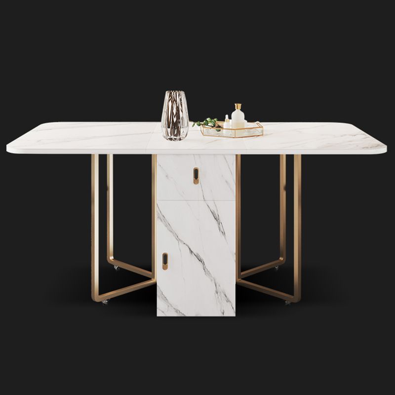 Mesa de comedor rectangular contemporánea, mesa abatible de piedra sinterizada con base de metal para comedor