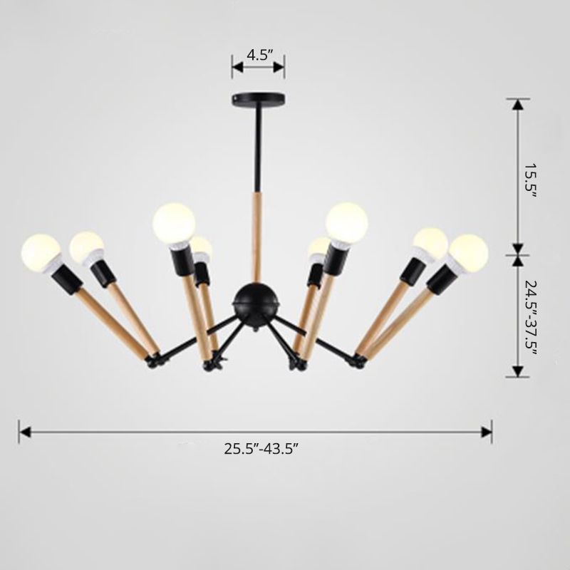 Black and Wood Spider Chandelier Loft Style Metal Living Room Ceiling Hang Light