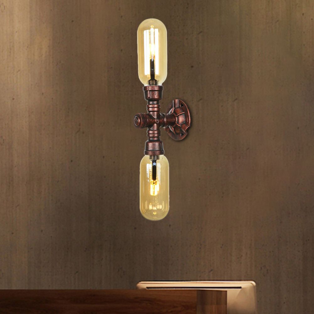 Capsule Amber Glass Wall Lighting Vintage 1/2 Bulbs Living Room Sconce Lamp in Weathered Copper