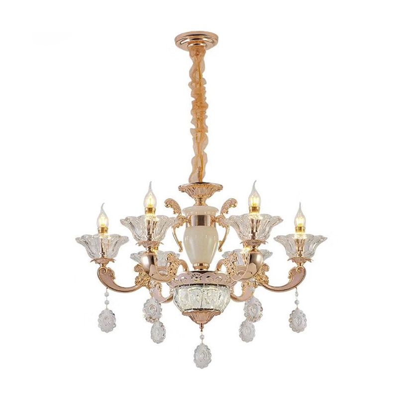 6/8 Bulbes Éclairage de suspension traditionnelle Fleur Clear Crystal Shade Chandelier avec bras sinueux en or