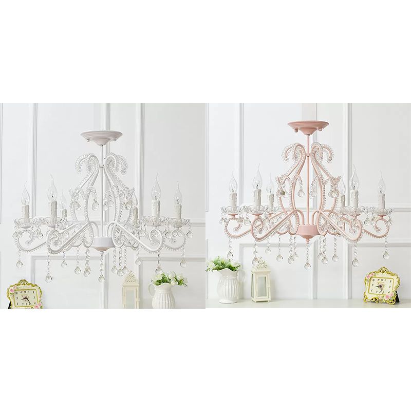 Bambini lampadari della camera da letto, lampada a soffitto MacAron a 6 luci con candela e decorazione di cristalli trasparenti