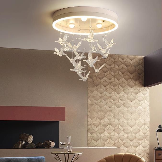 Round Flush Light with Clear Crystal Bird Modern LED Flush Mount Light for Bedroom