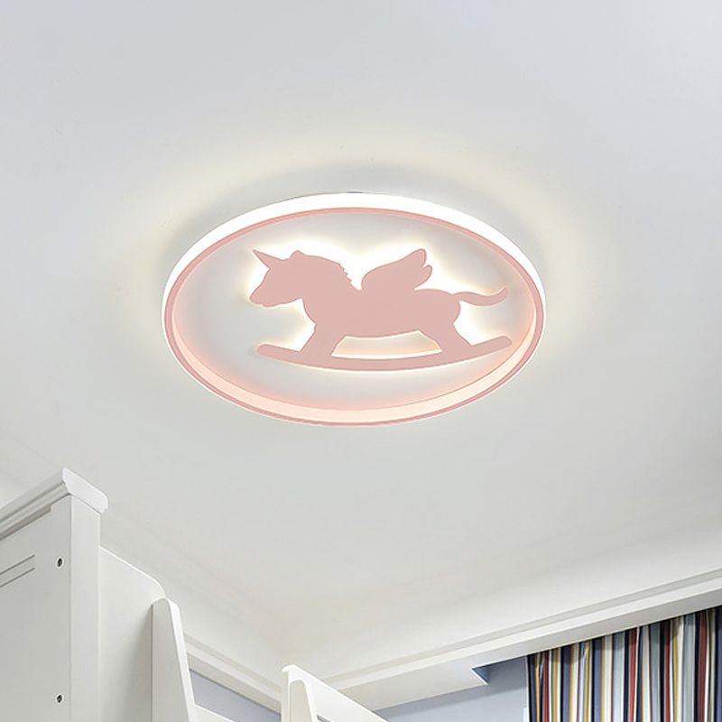 Cartoon LED Flush Mount Lighting Pink/Blue Dinosaur/Carousel Super Thin Ceiling Fixture with Acrylic Shade
