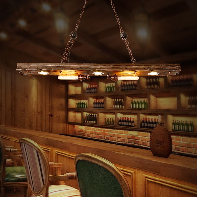 Linear Hanging Lamp with Wood Board 5 Lights Rustic Island Pendant Light for Restaurant