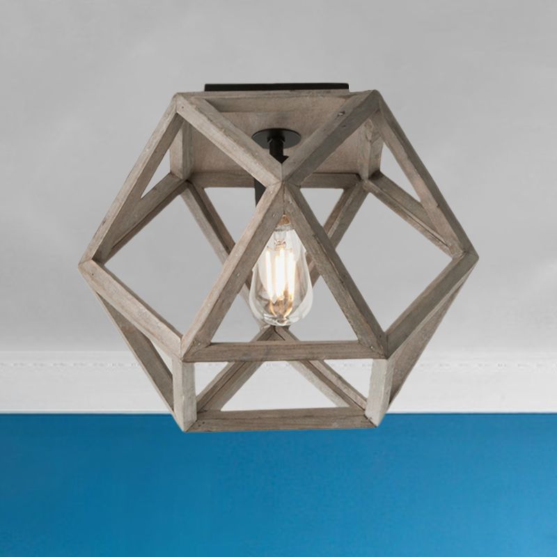 Beige Single Bulb Ceiling Lighting Minimalism Wood Candle-Like Flush Mount Fixture with Pentagon Cage