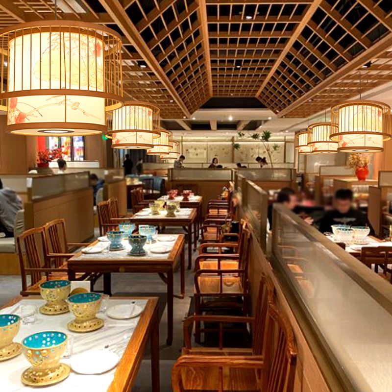 Asian Style Restaurant Pendant Light Cylindrical Bamboo Drop Lamp with Printed Shade