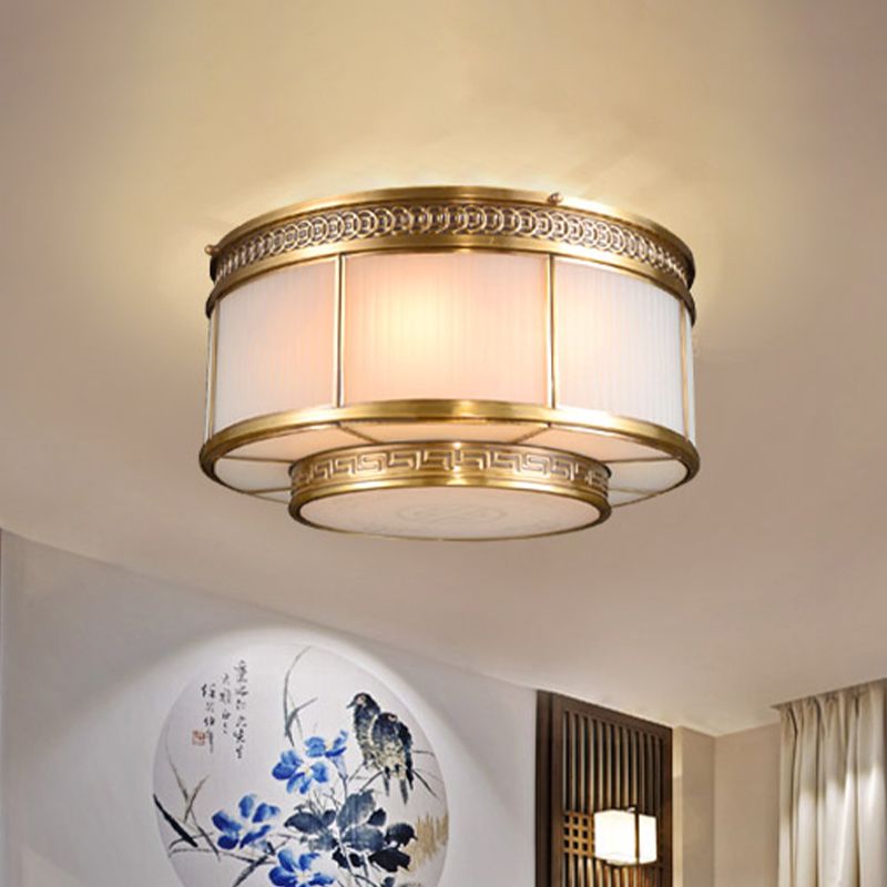 Ring Restaurant Flush Ceiling Light Colonial Opal Glass 4/6 Bulbs Gold Flush Mount Lighting Fixture