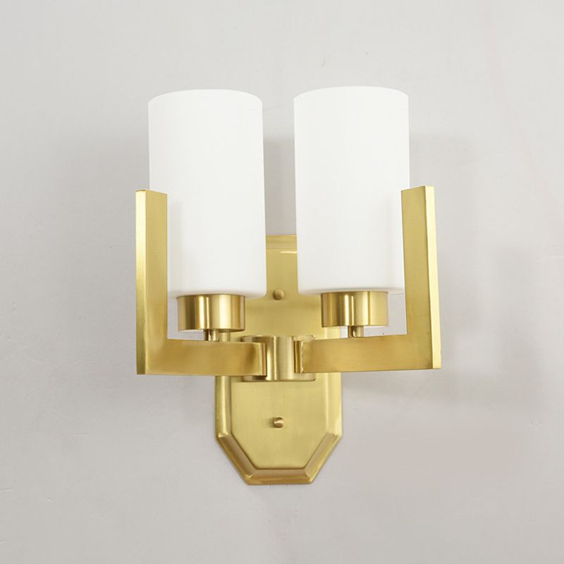 Modernist 2 Heads Sconce Light Gold Cylinder Wall Mounted Lamp with Milk Glass Shade