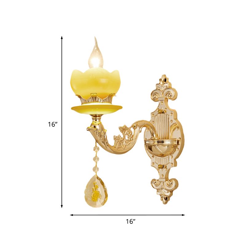 Gold Candle Wall Light Fixture Mid-Century Jade 1-Bulb Bedroom Wall Sconce with Crystal Draping