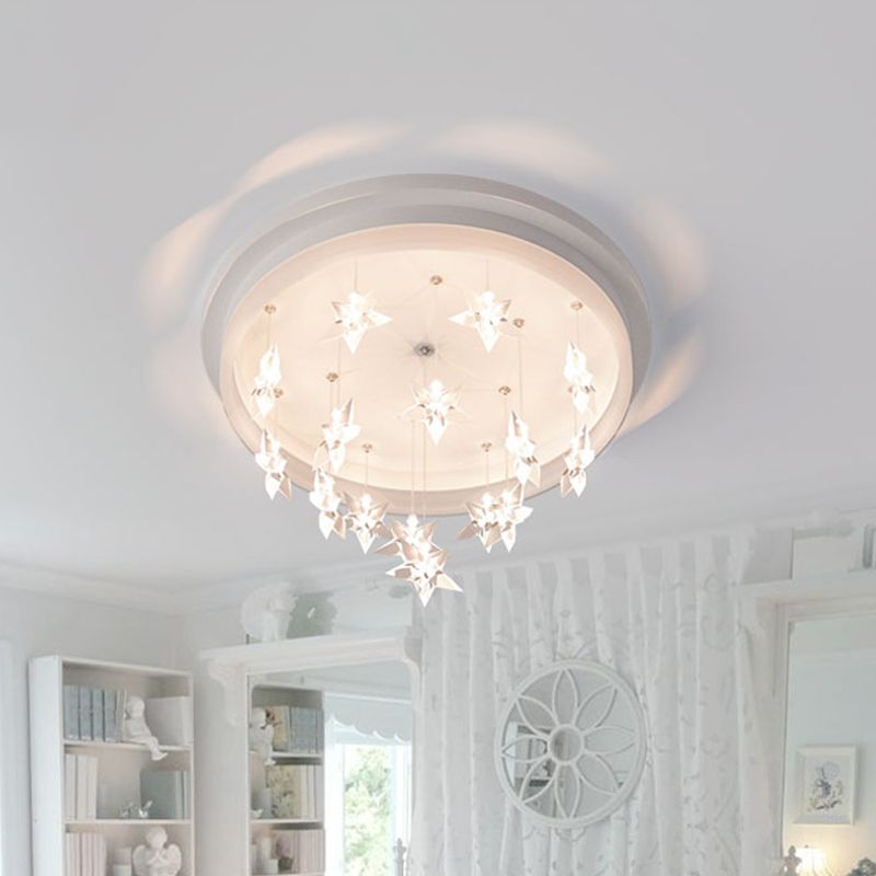 Modern Circle Flush Mount Lighting Acrylic Kids Bedroom LED Ceiling Fixture with Star Drape, Warm/White Light