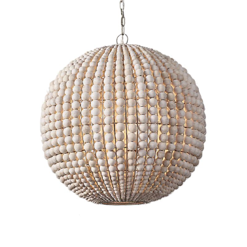 Nordic Sphere Suspension Lamp Wood 1 Head Hanging Light Fixture in Beige for Living Room