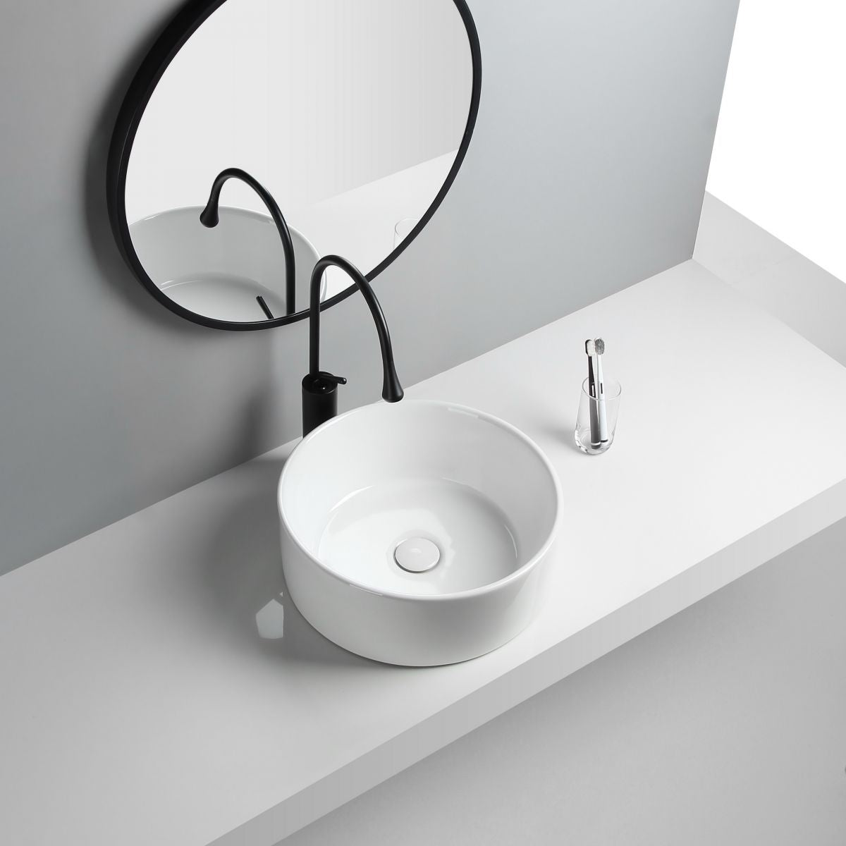 Modern Vessel Sink Round Porcelain Drain Assembly and Faucet Vessel Lavatory Sink