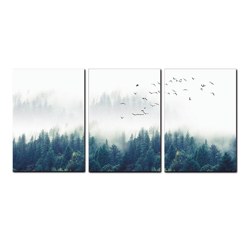 Textured Green Canvas Print Modern Bird Flocks Flying over Misty Forest Wall Art Set