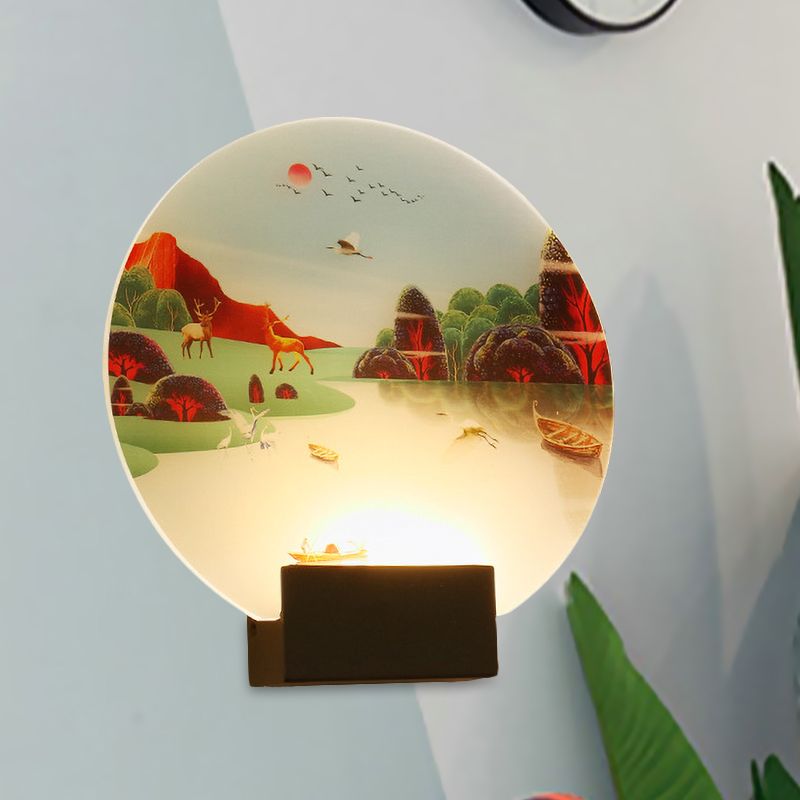 Black Circular Elk and Lake Mural Lamp Chinese Style LED Acrylic Wall Mounted Light Fixture