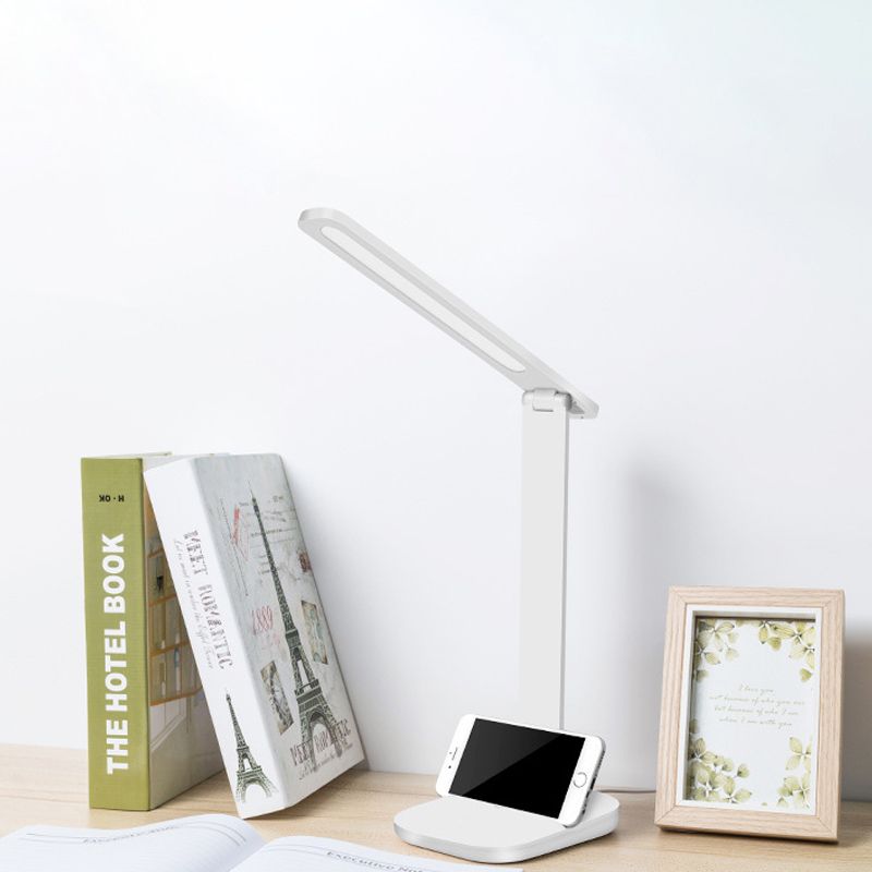 Witte langwerpige schaduw verstelbare bureaulamp moderne stijl plastic bureau licht met telefoonhouder