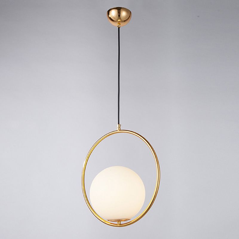 Gold 1 Light Round Metal Pendant Light Contemporary Opal Frosted Glass Shade Bedroom Hanging Lamp