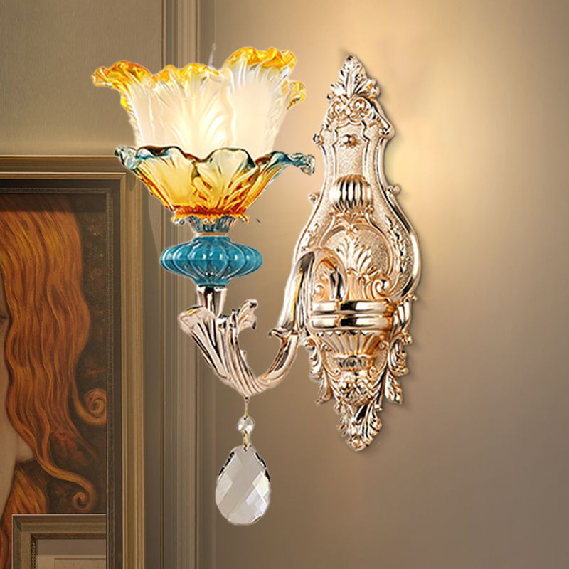 Flower Wall Light Fixture Modernism Amber and Blue Glass 1/2 Heads Brass Sconce Light
