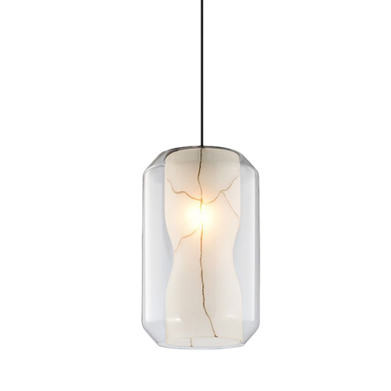 Light Lantant en verre transparent simple simple 8 "/ 10" de large 1 Kit de lampe suspendue avec la teinte en marbre blanc du cylindre intérieur en ligth blanc