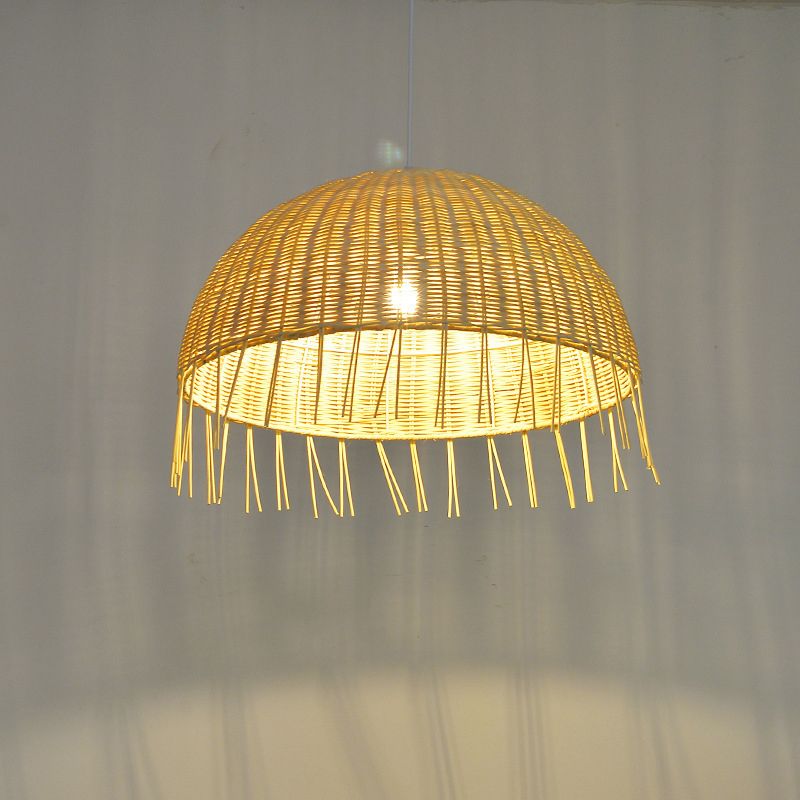 Minimalist Dome Suspension Lighting Rattan 1 Head Restaurant Pendant Ceiling Light in Wood