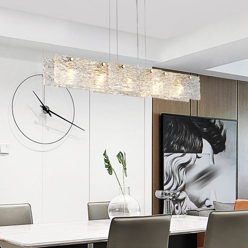 Rectangular Dining Room Hanging Lamp Rippled Glass 5-Light Minimalist Island Light