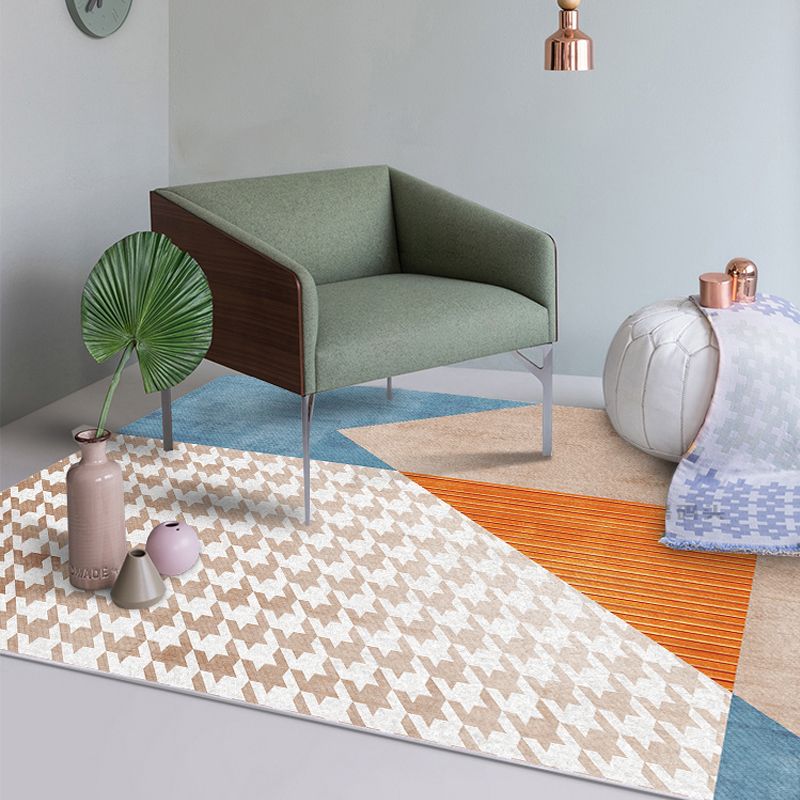 Orange Living Room Area Carpet Geometric Pattern Modern Area Rug Polyester Stain Resistant Rug