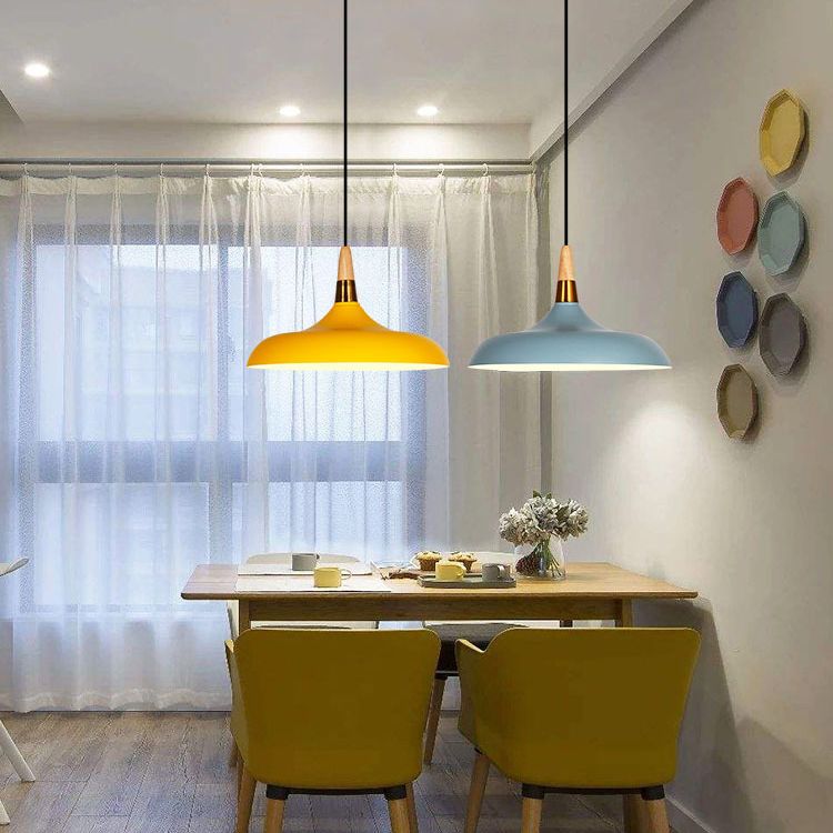 Macarons Industrial  Barn Shade Pendant Light Metal 1-Light Restaurant Pendant Lighting with Wooden Top