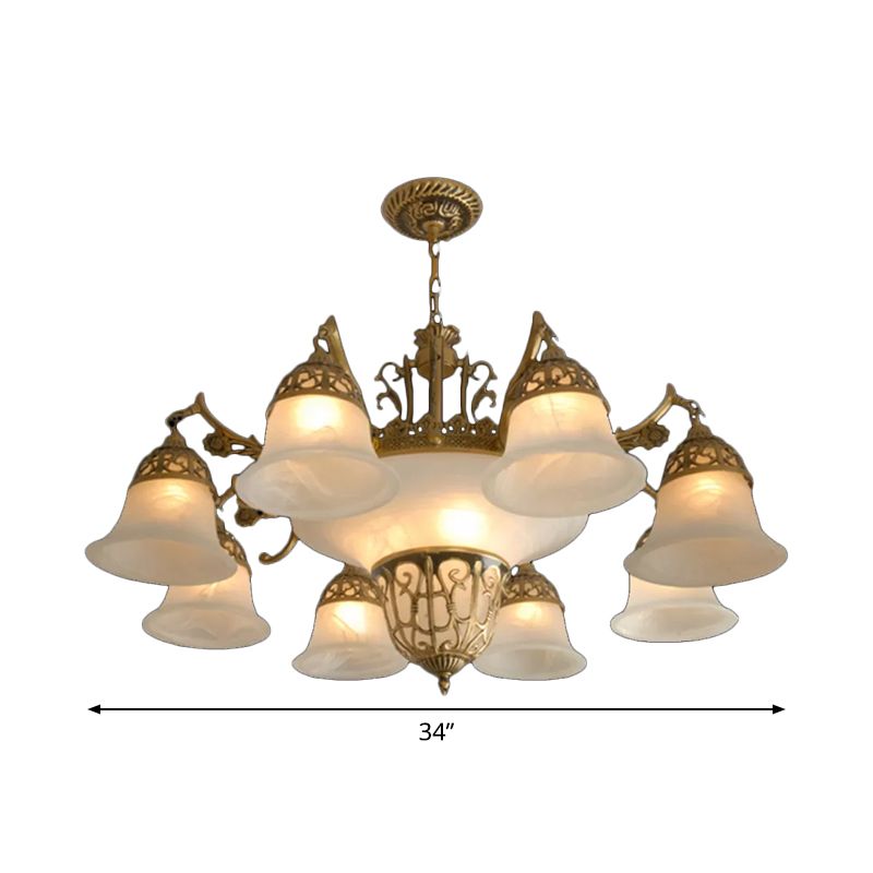 11 bulbos por la lámpara de la lámpara de estar retro kit de luz colgante con tono de vidrio de alabastro de campana en bronce