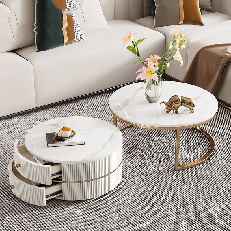 Round Coffee Table Slate Frame Nesting Coffee Table Set with Drawer