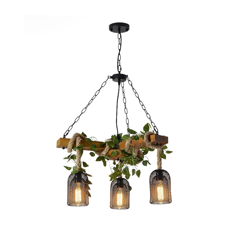 Metallbrauner Kronleuchter Anhänger Light Bell Cage 3-Kopf-Vintage-Lampe mit Holzzweigstrahl Deco