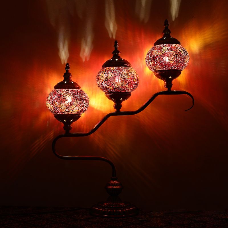 3 Heads Stained Glass Night Light Mediterranean Red/Orange/Blue Tower Bedroom Table Lamp with Step Design