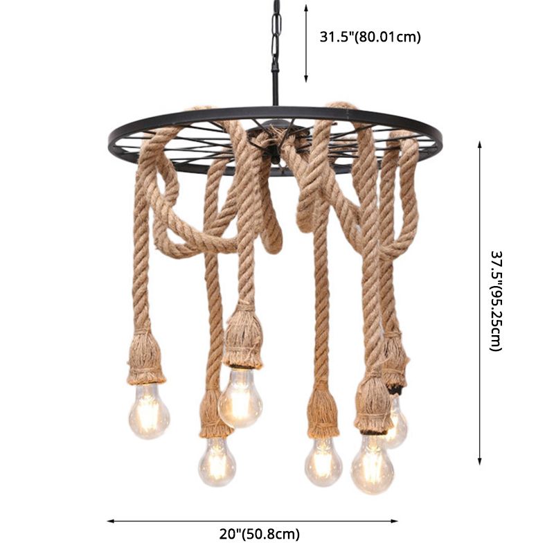 Multi-Lights Hemp Rope Design Retro Chandelier Light Black Wrought Iron Wheels Industrial Style Lighting Fixture in Restaurant Bar