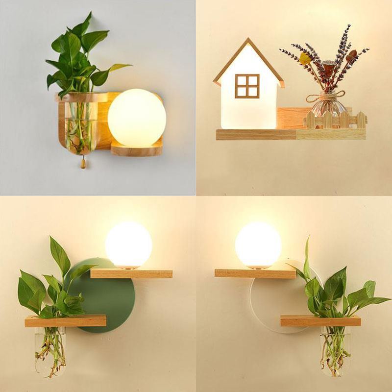Creative Wooden Wall Light without Plants Modern Style Glass Shade Wall Light Fixture