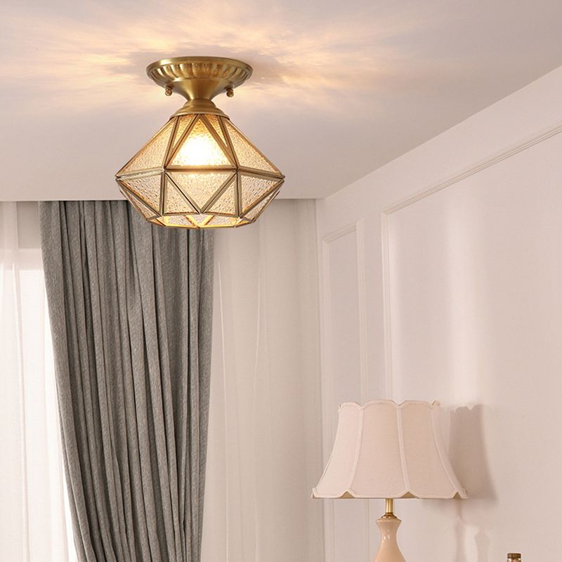 Vintage Prismatic Ceiling Flush Mount Glass Semi Flush Mount Light in Brass