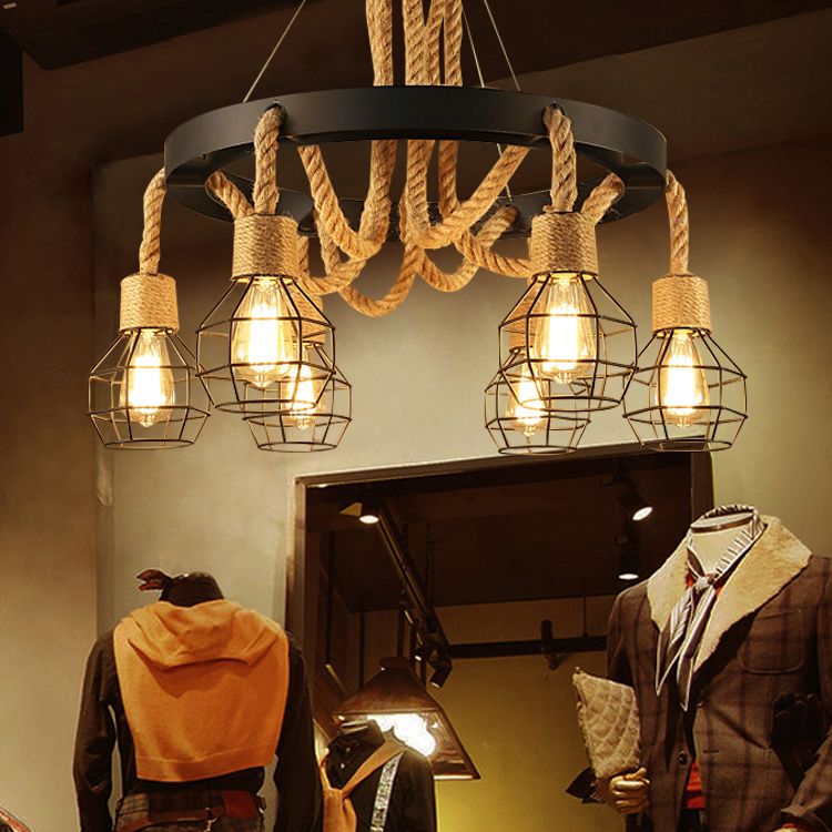 Candelier de alambre de metal Luz de colgante Estilo rústico Beige Rope Hanging Chandelier Light
