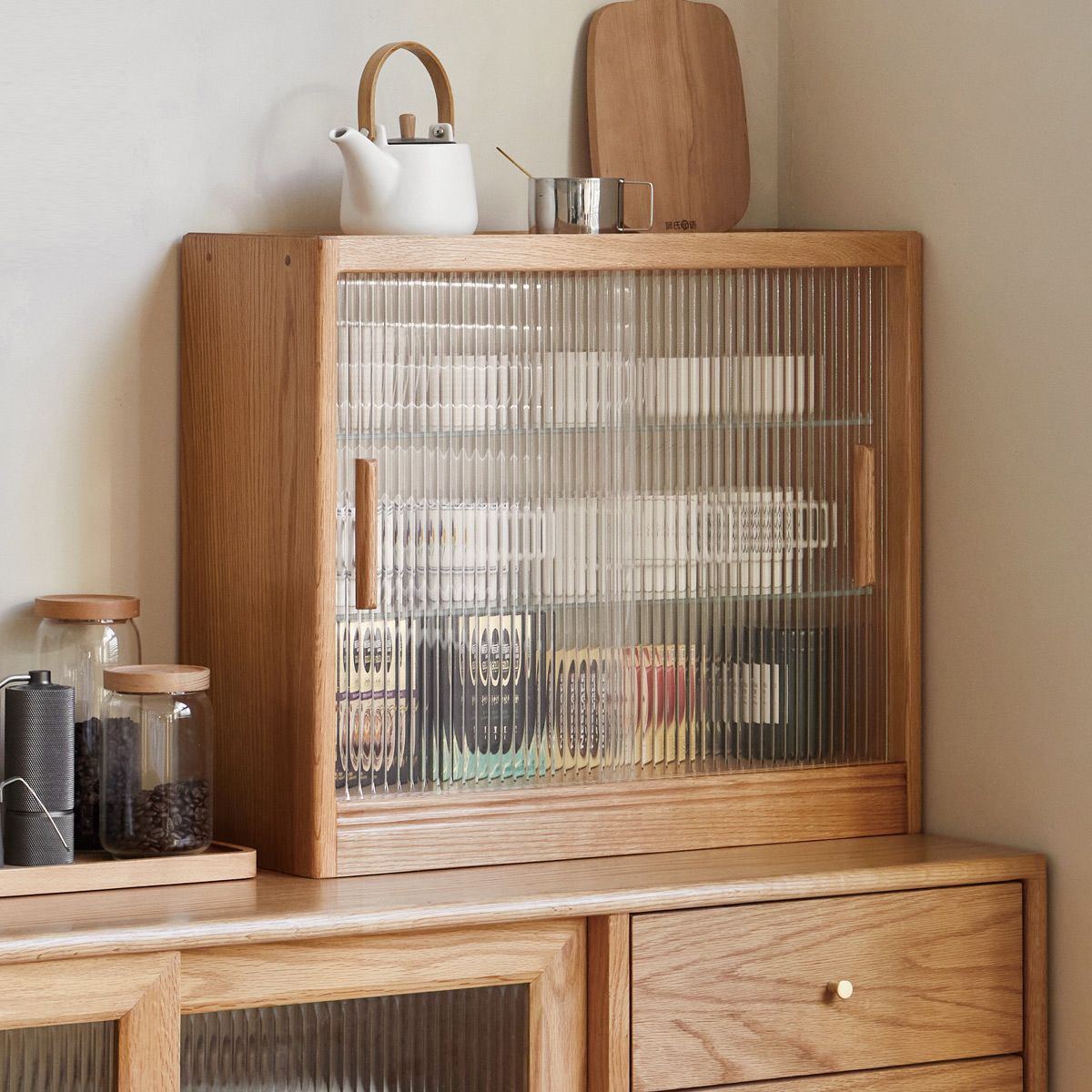 Solid Wood No Distressing Natural Glass Paned Accent Cabinet