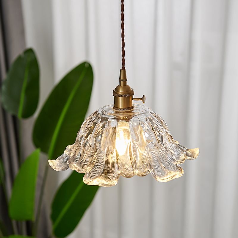 Clear Textured Glass Brass Pendant Floral 1-Light Vintage Hanging Light for Dining Room