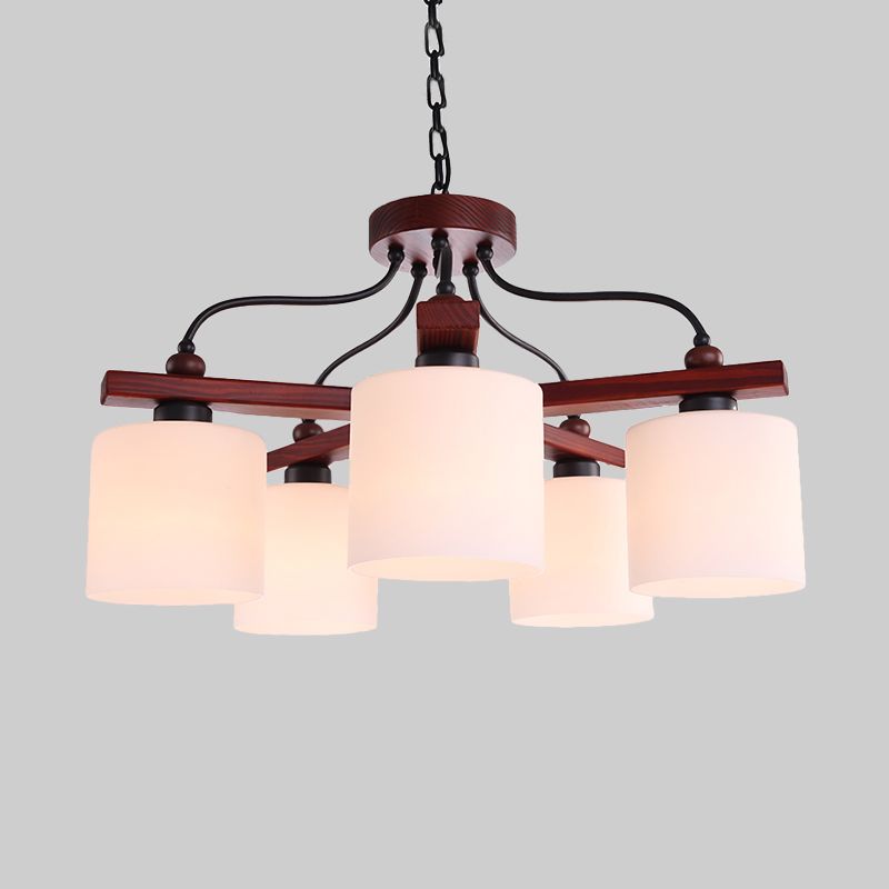 Retro cilindrische hangende kroonluchter 5 lichten crème glazen druppel hanger in bruin met houten arm