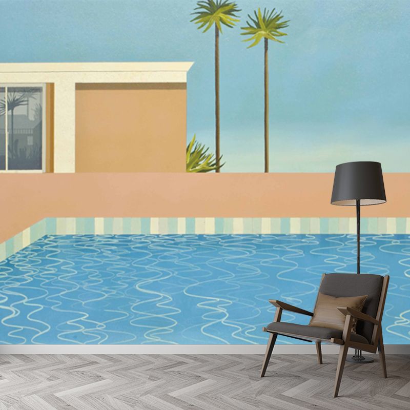 Pop Art Swimming Pool Murals for Living Room Custom Size Wall Decor in Blue-Brown