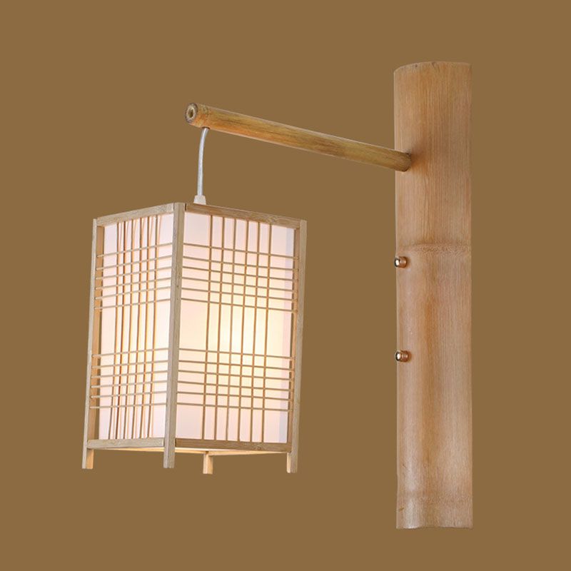 Hand-Worked Bedside Lantern Wall Sconce Bamboo 1 Head Asian Wall Mount Light in Wood