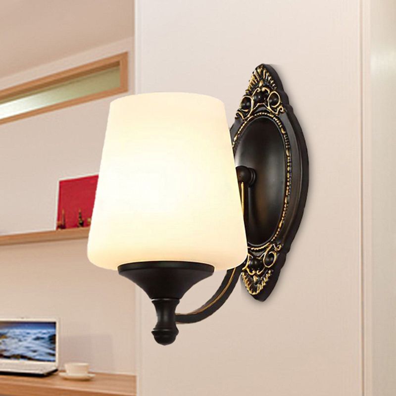 Retro Conical Sconce Light Fixture 1/2-Light White Glass Wall Mounted Light with Metal Curved Arm in Black