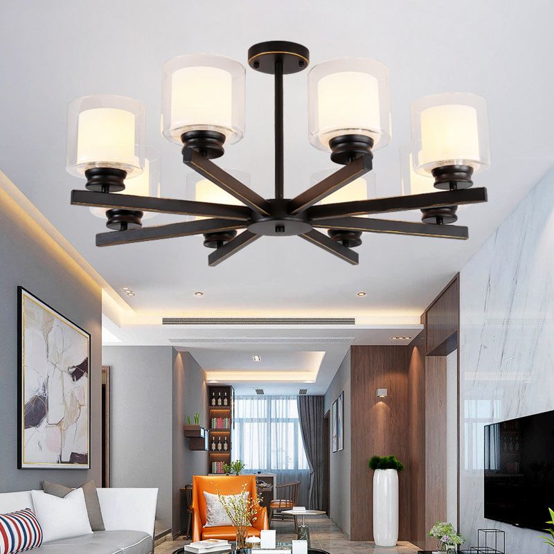 Nordic Style Metal Lighting Chandelier Cylindrical Double-layer Glass Shade Suspension Light for Dining Room