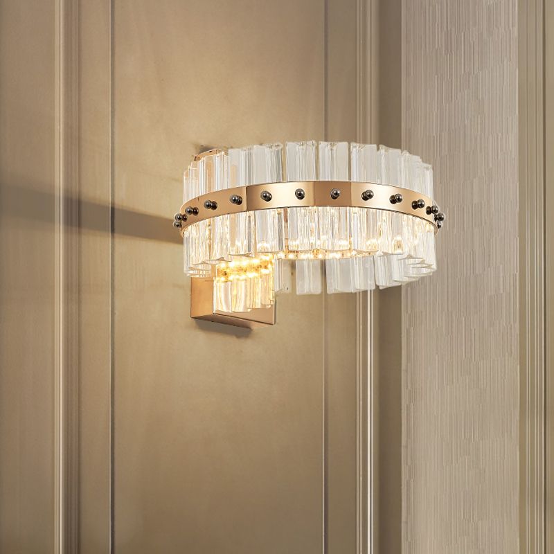 Drum Bedside Wall Sconce Lighting Postmodern Clear Crystal Prism Gold LED Flush Mount Wall Light