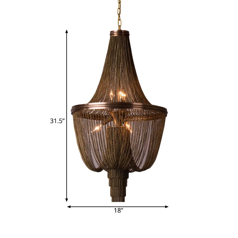 Lodge Chain Fringe Chandelier Lamp 6 Lights Metallic Pendant Light Kit in Brown for Living Room
