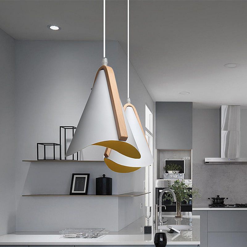 Lámpara de suspensión de diseño de metal de grano de madera nórdica de estilo nórdico de 1 luces en blanco