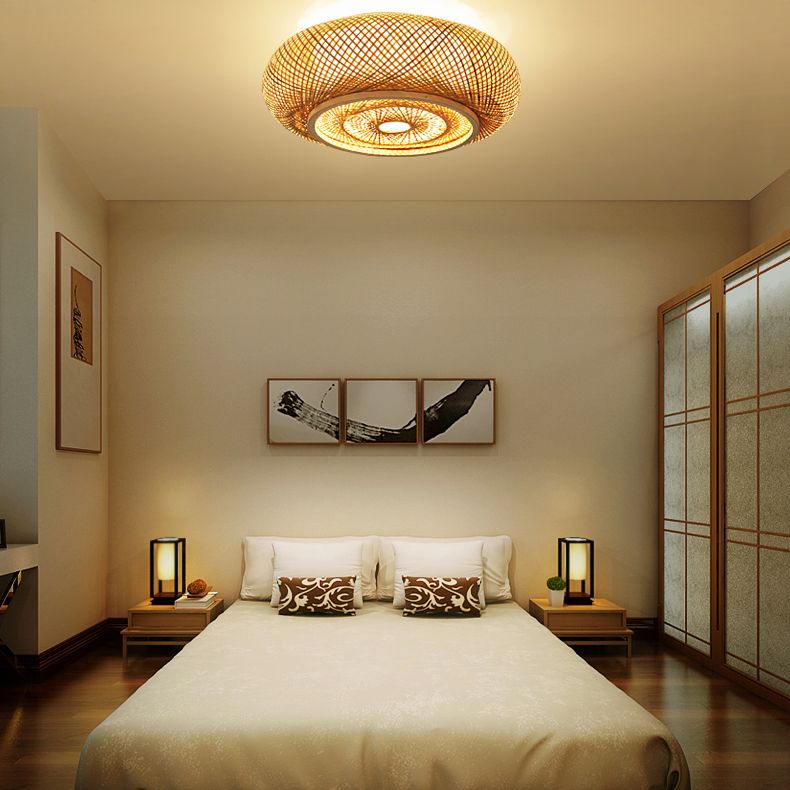 Lámpara de techo de madera de estilo asiático, luz de montaje empotrado de bambú tejida a mano, para salón de té